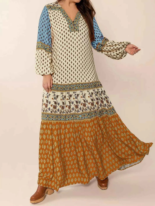 Bohemian Mixed Print Long Sleeve Maxi Dress