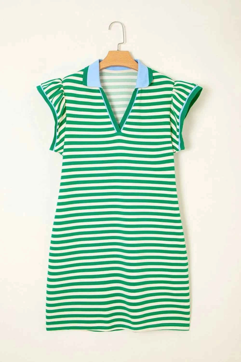 Stripe Print Contrast Collar Split Neck Flutter Sleeve Dress