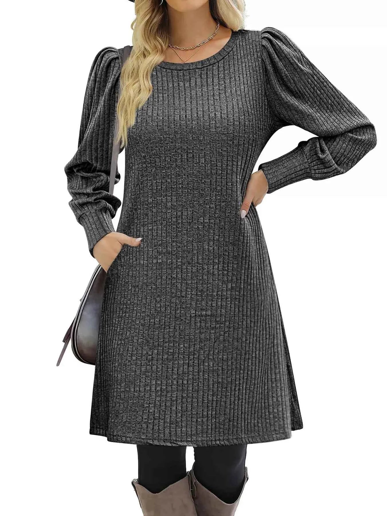 Ribbed Knit Puff Sleeve Casual Mini Dress