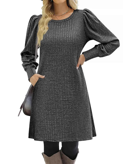 Ribbed Knit Puff Sleeve Casual Mini Dress