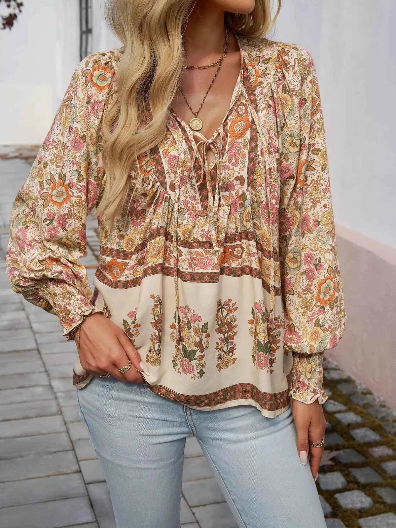 Floral Print Tie Neck Bohemian Blouse