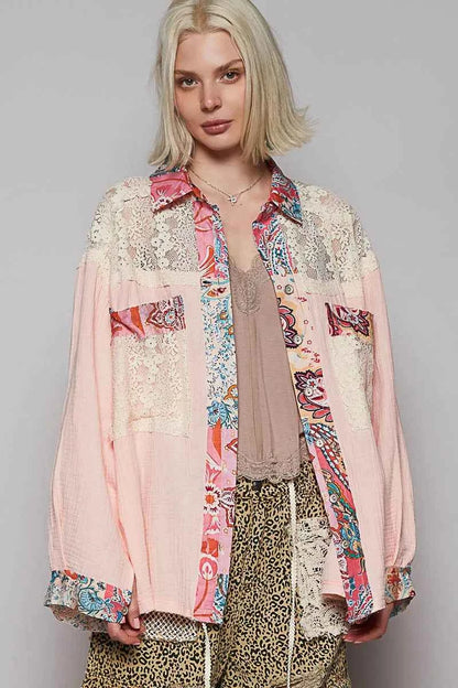 POL Lace Patchwork Floral Trim Long Sleeve Shirt